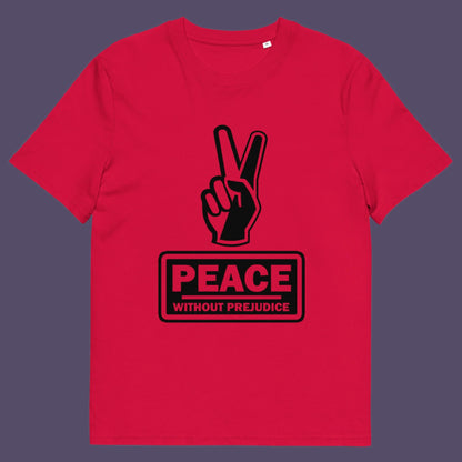Red t-shirt. This anti-prejudice t-shirt highlights how equality is a key component of peace on Earth. For us to live in harmony we need to improve our emotional intelligence and acceptance of differences, especially when it comes to racial issues .Made from 100% organic ring-spun cotton, this anti racism, pro equality t-shirt is unisex, high-quality, super comfy, and best of all, eco-friendly.