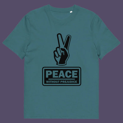 Light blue t-shirt. This anti-prejudice t-shirt highlights how equality is a key component of peace on Earth. For us to live in harmony we need to improve our emotional intelligence and acceptance of differences, especially when it comes to racial issues .Made from 100% organic ring-spun cotton, this anti racism, pro equality t-shirt is unisex, high-quality, super comfy, and best of all, eco-friendly.