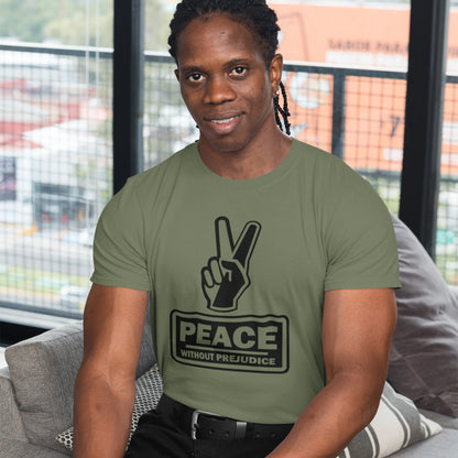 Person wearing a khaki t-shirt with a peace symbol and 'Peace Without Prejudice' text. This anti racism t-shirt highlights how equality is a key component of peace on Earth. For us to live in harmony we need to improve our emotional intelligence and acceptance of differences, especially when it comes to racial issues. Made from 100% organic ring-spun cotton, this anti racist t shirt is unisex, high-quality, super comfy, and best of all, eco-friendly.