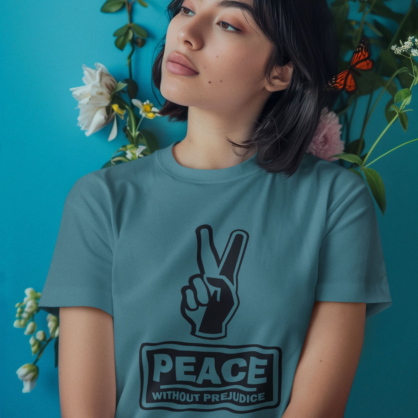 Person wearing a blue t-shirt with a peace symbol and 'Peace Without Prejudice' text, surrounded by flowers and plants. This anti-prejudice t-shirt highlights how equality is a key component of peace on Earth. For us to live in harmony we need to improve our emotional intelligence and acceptance of differences, especially when it comes to racial issues . Made from 100% organic ring-spun cotton, this anti racism, pro equality t-shirt is unisex, high-quality, super comfy, and best of all, eco-friendly.