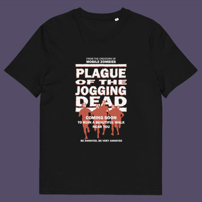 Black t-shirt. A satirical t-shirt about jogging in a horror movie design. Just when you thought it was safe to go out for a nice relaxing walk. Made from 100% organic ring-spun cotton, this social awareness t-shirt is unisex, high-quality, super comfy, and best of all, eco-friendly.