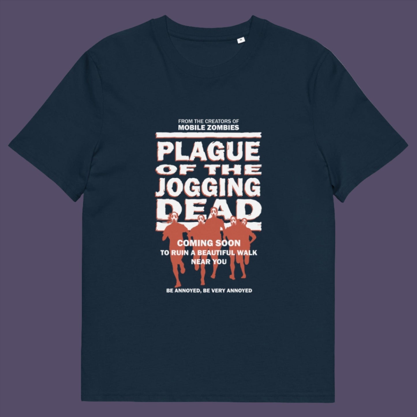 French navy t-shirt. A satirical t-shirt about jogging in a horror movie design. Just when you thought it was safe to go out for a nice relaxing walk. Made from 100% organic ring-spun cotton, this social awareness t-shirt is unisex, high-quality, super comfy, and best of all, eco-friendly.