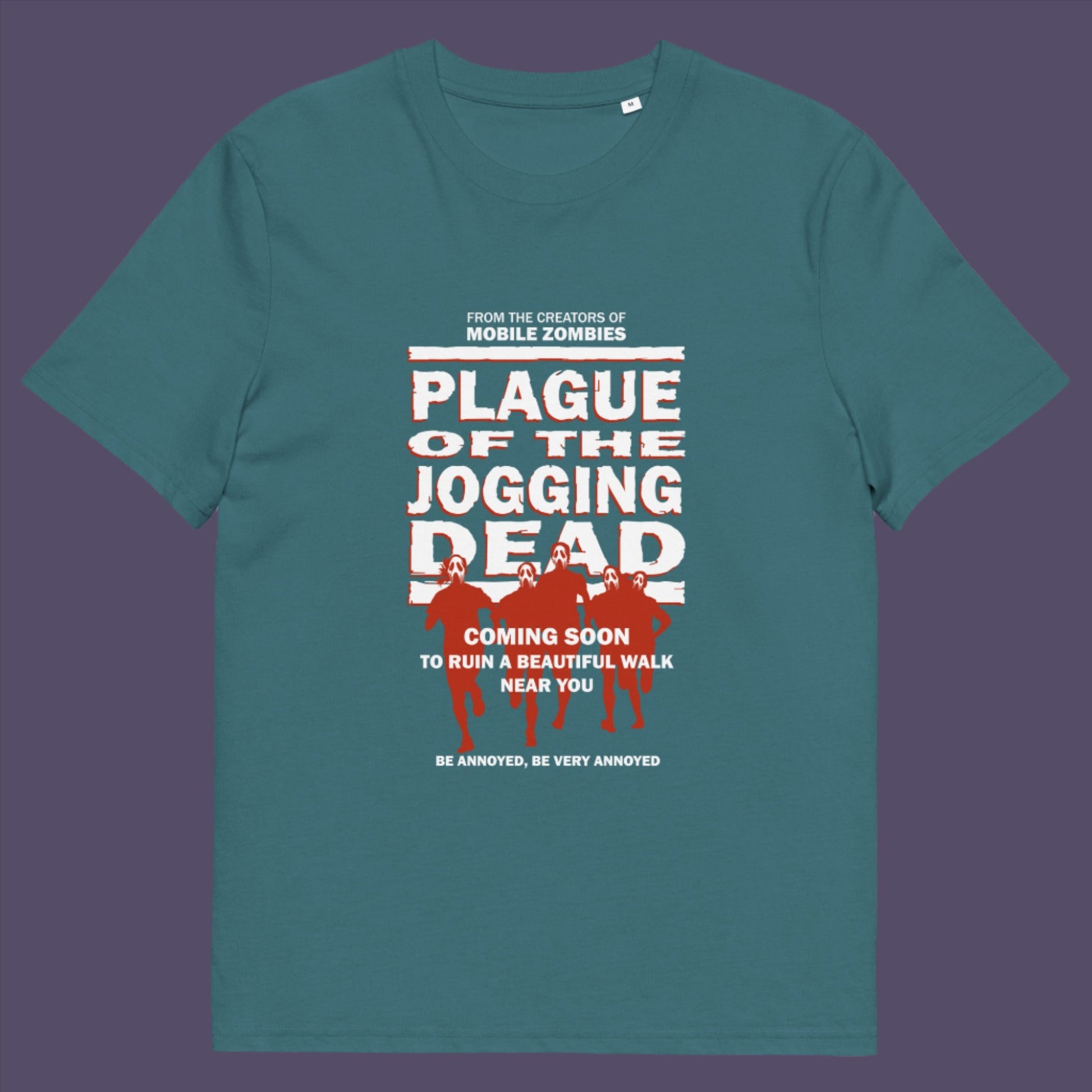 Stargazer t-shirt. A satirical t-shirt about jogging in a horror movie design. Just when you thought it was safe to go out for a nice relaxing walk. Made from 100% organic ring-spun cotton, this social awareness t-shirt is unisex, high-quality, super comfy, and best of all, eco-friendly.