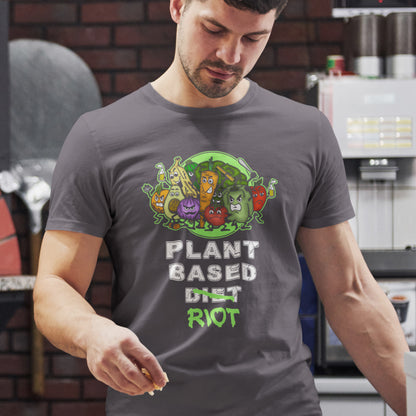 Man wearing an anthracite t-shirt with a graphic design and text in a kitchen setting. A funny plant based vegan t-shirt design to highlight the speed at which people seem to be embracing a plant based diet. Welcome to the revolution ! Made from 100% organic ring-spun cotton, this humorous vegan t-shirt is unisex, high-quality, super comfy, and best of all, eco-friendly.
