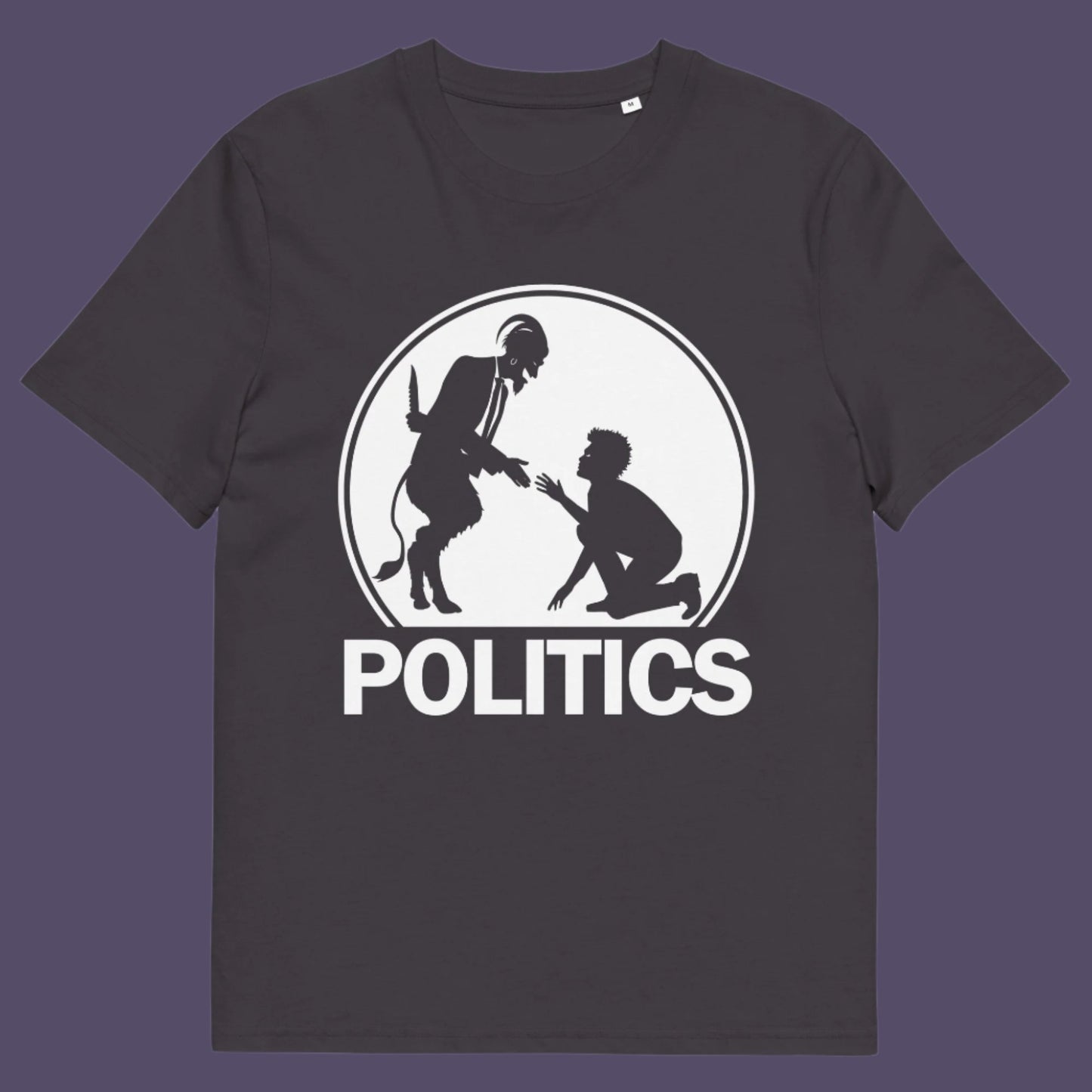 Grey t-shirt.  A satirical representation of the simple inner workings of politics. It was once about the benefits of society but does it matter anymore who claims the throne of command ? Show your disapproval with this underground art clothing. Made from 100% organic ring-spun cotton, this funny political t-shirt is unisex, high-quality, super comfy, and best of all, eco-friendly.