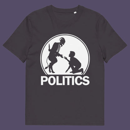 Grey t-shirt.  A satirical representation of the simple inner workings of politics. It was once about the benefits of society but does it matter anymore who claims the throne of command ? Show your disapproval with this underground art clothing. Made from 100% organic ring-spun cotton, this funny political t-shirt is unisex, high-quality, super comfy, and best of all, eco-friendly.