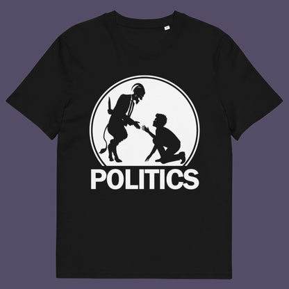 Black t-shirt. A satirical representation of the simple inner workings of politics. It was once about the benefits of society but does it matter anymore who claims the throne of command ? Show your disapproval with this underground art clothing. Made from 100% organic ring-spun cotton, this funny political t-shirt is unisex, high-quality, super comfy, and best of all, eco-friendly.