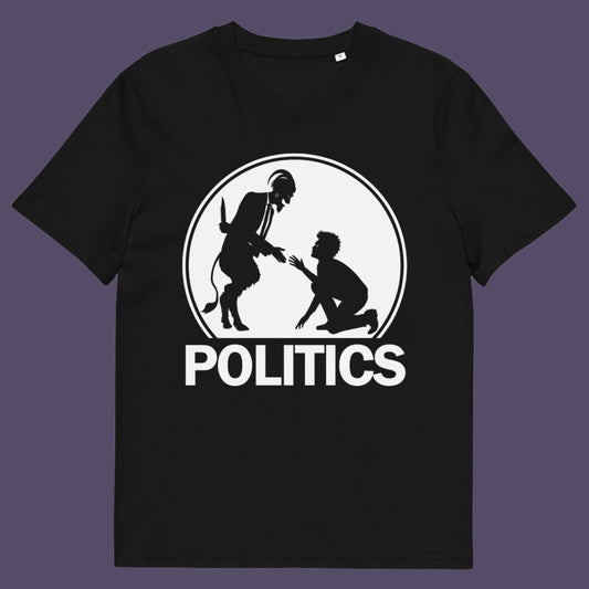 Black t-shirt. A satirical representation of the simple inner workings of politics. It was once about the benefits of society but does it matter anymore who claims the throne of command ? Show your disapproval with this underground art clothing. Made from 100% organic ring-spun cotton, this funny political t-shirt is unisex, high-quality, super comfy, and best of all, eco-friendly.