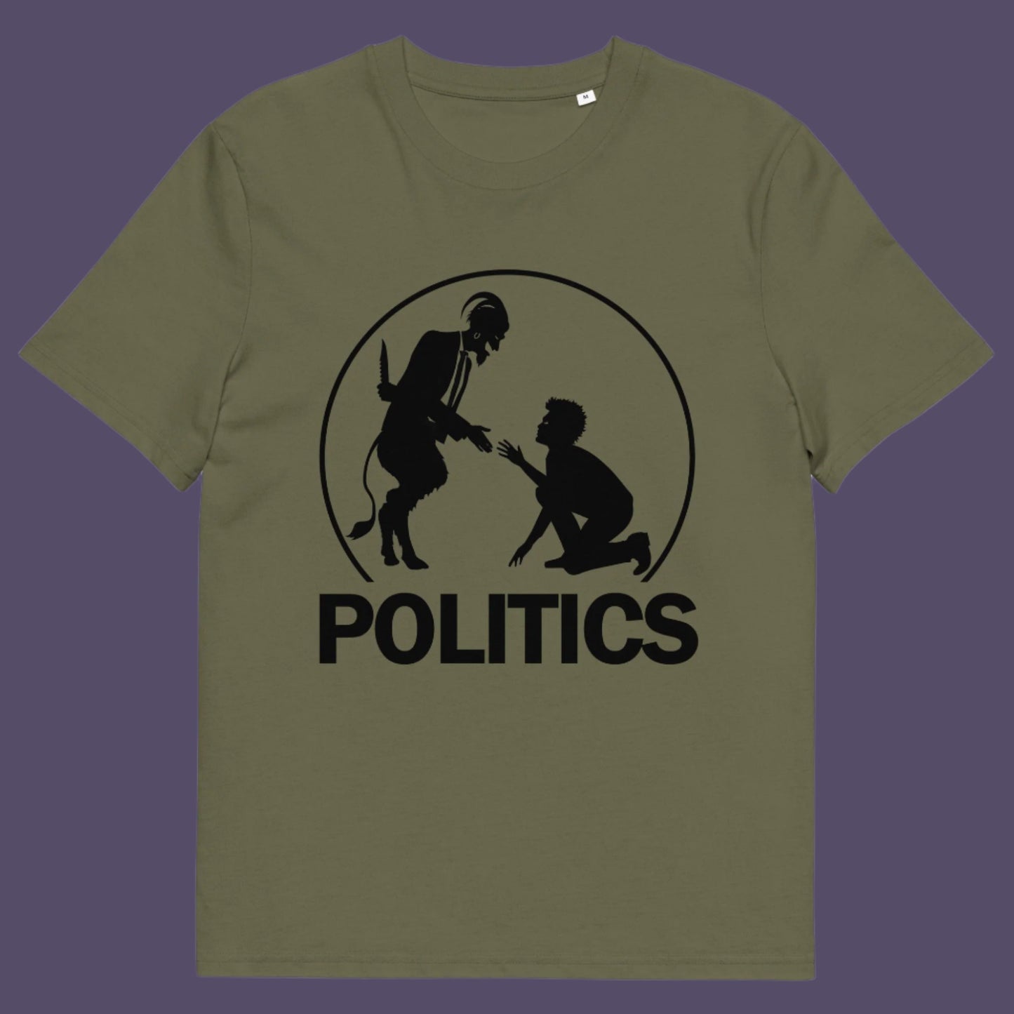 Khaki t-shirt. A satirical representation of the simple inner workings of politics. It was once about the benefits of society but does it matter anymore who claims the throne of command ? Show your disapproval with this underground art clothing. Made from 100% organic ring-spun cotton, this funny political t-shirt is unisex, high-quality, super comfy, and best of all, eco-friendly.