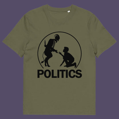 Khaki t-shirt. A satirical representation of the simple inner workings of politics. It was once about the benefits of society but does it matter anymore who claims the throne of command ? Show your disapproval with this underground art clothing. Made from 100% organic ring-spun cotton, this funny political t-shirt is unisex, high-quality, super comfy, and best of all, eco-friendly.