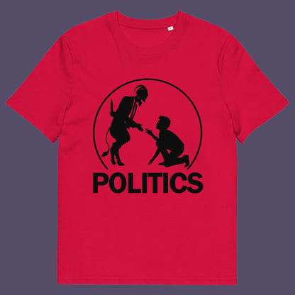 Red t-shirt.  A satirical representation of the simple inner workings of politics. It was once about the benefits of society but does it matter anymore who claims the throne of command ? Show your disapproval with this underground art clothing. Made from 100% organic ring-spun cotton, this funny political t-shirt is unisex, high-quality, super comfy, and best of all, eco-friendly.