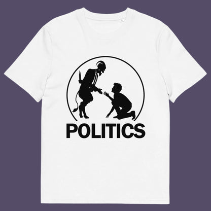 White t-shirt. A satirical representation of the simple inner workings of politics. It was once about the benefits of society but does it matter anymore who claims the throne of command ? Show your disapproval with this underground art clothing. Made from 100% organic ring-spun cotton, this funny political t-shirt is unisex, high-quality, super comfy, and best of all, eco-friendly.