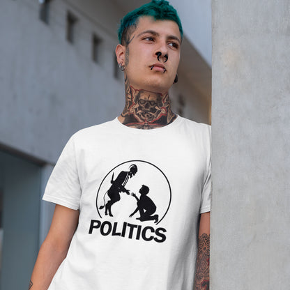 A man leaning against a walk wearing a white t-shirt  with a black graphic print on the chest. The graphic features a circular silhouette illustration of a standing figure reaching toward a kneeling figure, with the word 'POLITICS' printed in bold white capital letters underneath.