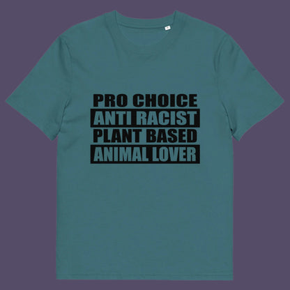 Stargazer t-shirt. A plant based meat free t shirt design intertwined with Pro Choice, Anti Racism, and Animal loving, characteristics that often go together. Made from 100% organic ring-spun cotton, this dairy free t shirt is unisex, high-quality, super comfy, and best of all, eco-friendly.