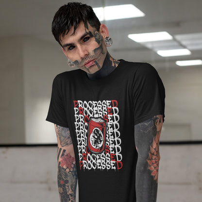 A heavily tattooed man standing in front of a mirror, wearing a black short sleeved crew neck t-shirt with a graphic of a baby in a soda can on the phone, surrounded by the text "PROCESSED" in white and red.