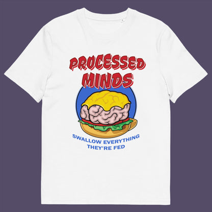 White t-shirt. This counterculture design represents the amount of influence and mental manipulation in circulation these days. Resist the brainwashing and bring back wild and organic independent thinking. Made from 100% organic ring-spun cotton, this social awareness t-shirt is unisex, high-quality, super comfy, and best of all, eco-friendly.