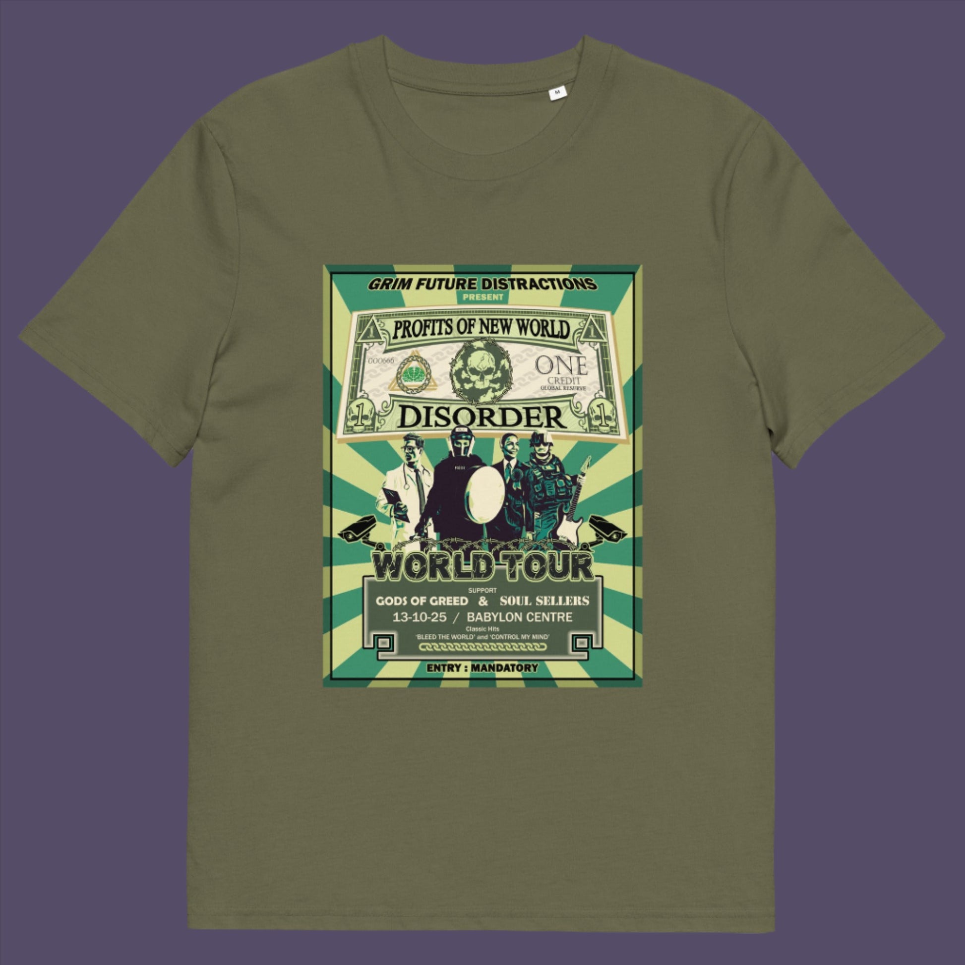 Khaki t-shirt. A political t-shirt is in the style of a band tour poster. This satirical t-shirt design highlights the forces that influence our society now, and for the foreseeable future. A spoof band t-shirt to create social awareness. Made from 100% organic ring-spun cotton, this political satire t-shirt is unisex, high-quality, super comfy, and best of all, eco-friendly.