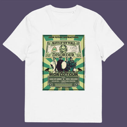 White t-shirt. A political t-shirt is in the style of a band tour poster. This satirical t-shirt design highlights the forces that influence our society now, and for the foreseeable future. A spoof band t-shirt to create social awareness. Made from 100% organic ring-spun cotton, this political satire t-shirt is unisex, high-quality, super comfy, and best of all, eco-friendly.