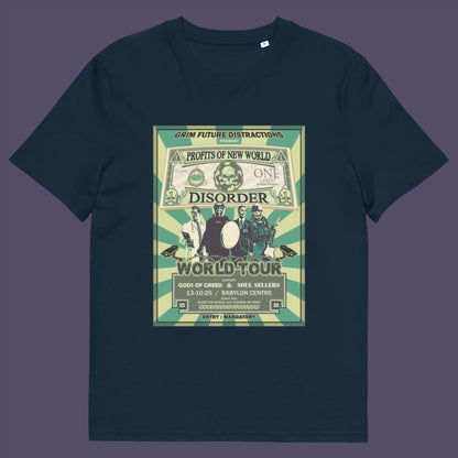 French navy t-shirt. A non conformist t shirt in the style of a band tour poster. This satirical t-shirt design highlights the forces that influence our society now, and for the foreseeable future. A spoof band t-shirt to create social awareness. Made from 100% organic ring-spun cotton, this anti government t shirt is unisex, high-quality, super comfy, and best of all, eco-friendly.