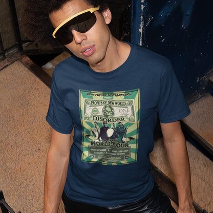 Person wearing a blue t-shirt with a graphic design, standing outdoors. A political t-shirt is in the style of a band tour poster. A non conformist t shirt in the style of a band tour poster. This satirical t-shirt design highlights the forces that influence our society now, and for the foreseeable future. A spoof band t-shirt to create social awareness. Made from 100% organic ring-spun cotton, this anti government t shirt is unisex, high-quality, super comfy, and best of all, eco-friendly.