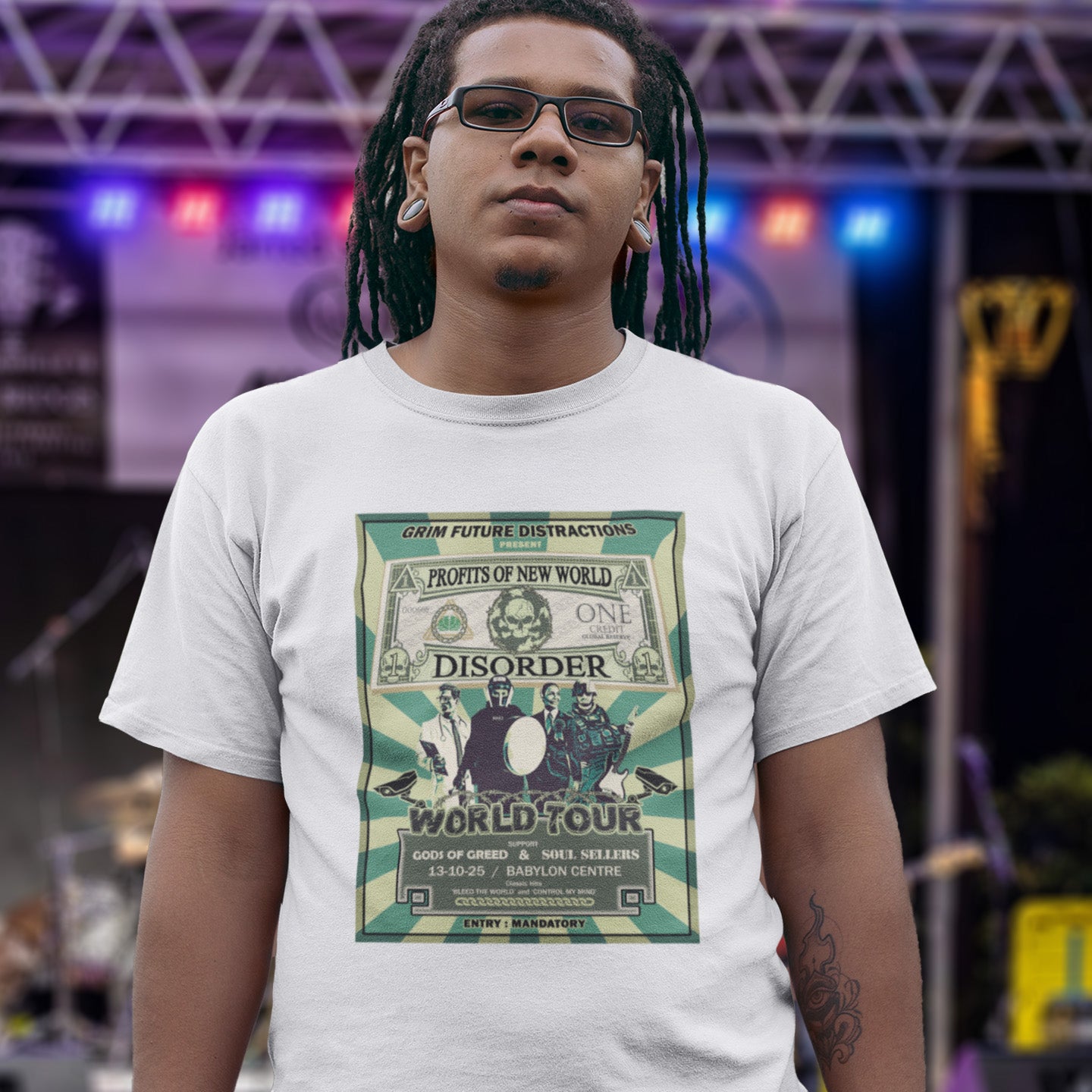 Person wearing a white t-shirt with a graphic design of a band on a stage background. A political t-shirt is in the style of a band tour poster. This satirical t-shirt design highlights the forces that influence our society now, and for the foreseeable future. A spoof band t-shirt to create social awareness. Made from 100% organic ring-spun cotton, this political satire t-shirt is unisex, high-quality, super comfy, and best of all, eco-friendly.