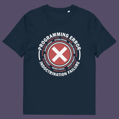 French navy t-shirt. A true conspiracy theory t-shirt. If you don't think from the same hive mind as those around you and you missed out on some media brainwashing you'll love this sarcastic and satirical view of indoctrination and human programming. Made from 100% organic ring-spun cotton, this satirical conspiracy theory t-shirt is unisex, high-quality, super comfy, and best of all, eco-friendly.