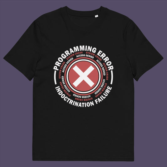 Black t-shirt. A true conspiracy theory t-shirt. If you don't think from the same hive mind as those around you and you missed out on some media brainwashing you'll love this sarcastic and satirical view of indoctrination and human programming. Made from 100% organic ring-spun cotton, this satirical conspiracy theory t-shirt is unisex, high-quality, super comfy, and best of all, eco-friendly.