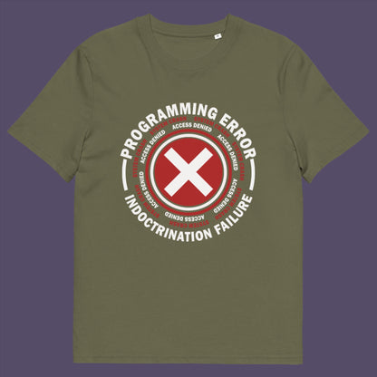 Khaki t-shirt. A true conspiracy theory t-shirt. If you don't think from the same hive mind as those around you and you missed out on some media brainwashing you'll love this sarcastic and satirical view of indoctrination and human programming. Made from 100% organic ring-spun cotton, this satirical conspiracy theory t-shirt is unisex, high-quality, super comfy, and best of all, eco-friendly.