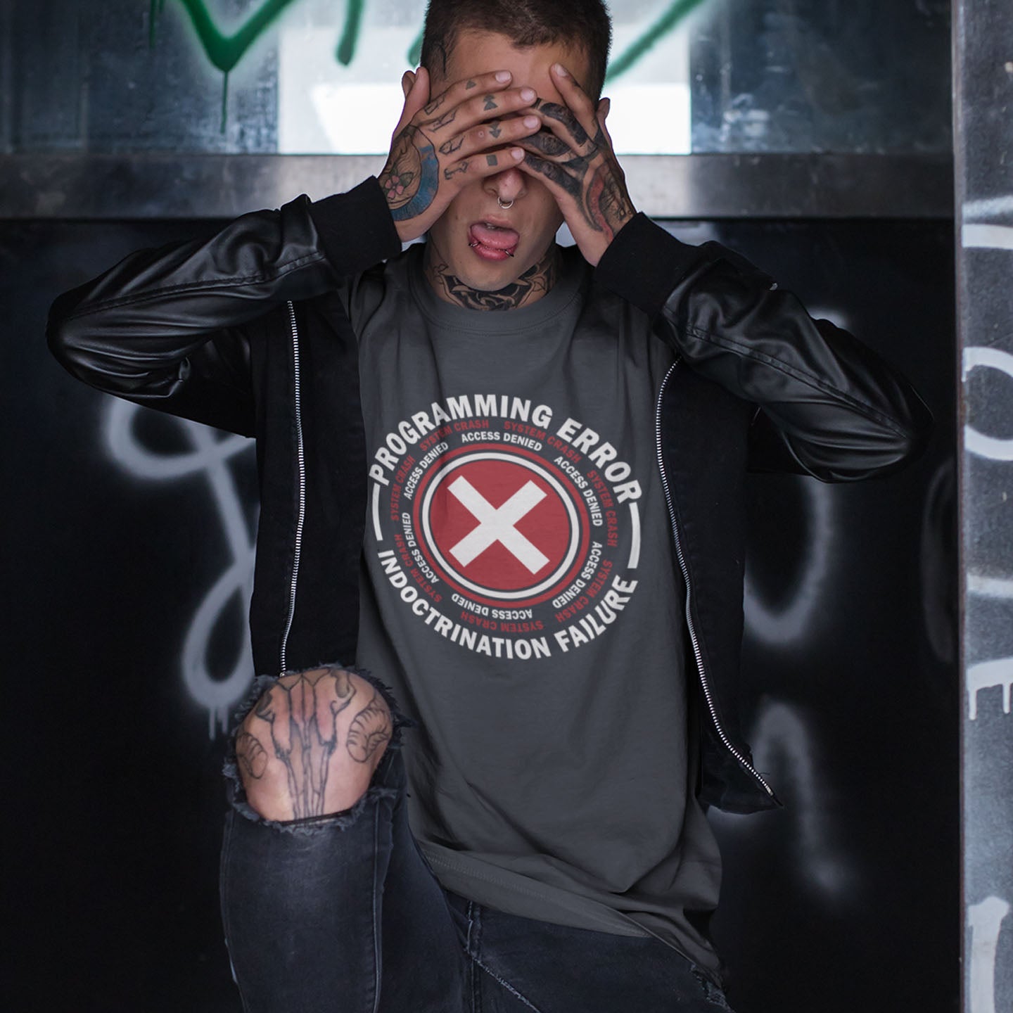 Person wearing a shirt with a graphic design in front of a graffiti-covered wall. A true conspiracy theory t-shirt. If you don't think from the same hive mind as those around you and you missed out on some media brainwashing you'll love this sarcastic and satirical view of indoctrination and human programming. Made from 100% organic ring-spun cotton, this satirical conspiracy theory t-shirt is unisex, high-quality, super comfy, and best of all, eco-friendly.