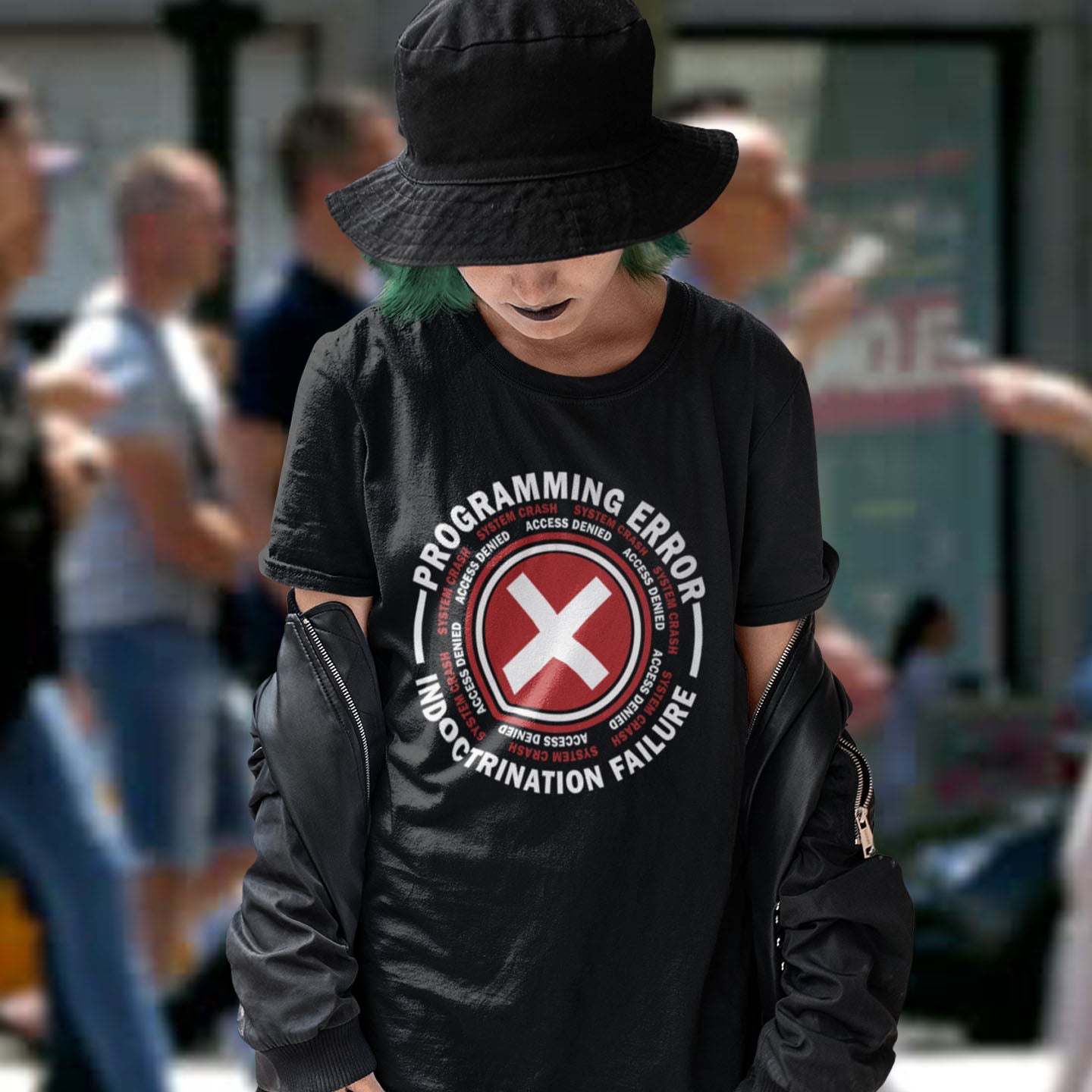 Person wearing a black t-shirt with a graphic design in an outdoor setting. A true conspiracy theory t-shirt. If you don't think from the same hive mind as those around you and you missed out on some media brainwashing you'll love this sarcastic and satirical view of indoctrination and human programming. Made from 100% organic ring-spun cotton, this satirical conspiracy theory t-shirt is unisex, high-quality, super comfy, and best of all, eco-friendly.