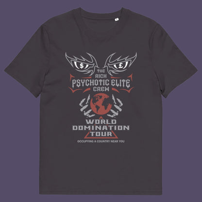 Anthracite t shirt. This conspiracy theory t shirt design combines a belief in an elite rich cabal with a rock band tour poster style. Show your disgust in greed and power hunger with this very satirical tour design. If the rich elite started a band this is what it would look like. Made from 100% organic ring-spun cotton, this conspiracy theorist t shirt is unisex, high-quality, super comfy, and best of all, eco-friendly.