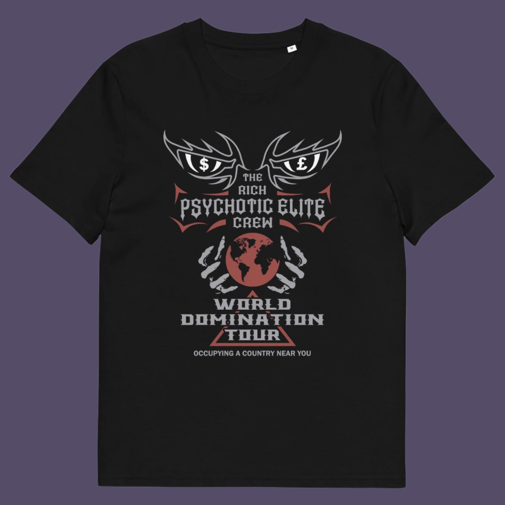 Black t shirt. This conspiracy theory t shirt design combines a belief in an elite rich cabal with a rock band tour poster style. Show your disgust in greed and power hunger with this very satirical tour design. If the rich elite started a band this is what it would look like. Made from 100% organic ring-spun cotton, this conspiracy theorist t shirt is unisex, high-quality, super comfy, and best of all, eco-friendly.