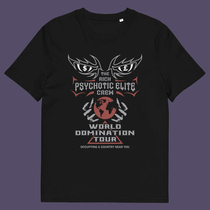 Black t shirt. This conspiracy theory t shirt design combines a belief in an elite rich cabal with a rock band tour poster style. Show your disgust in greed and power hunger with this very satirical tour design. If the rich elite started a band this is what it would look like. Made from 100% organic ring-spun cotton, this conspiracy theorist t shirt is unisex, high-quality, super comfy, and best of all, eco-friendly.