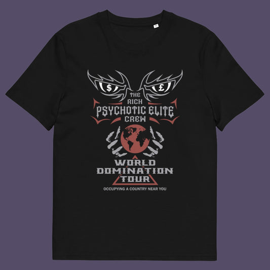 Black t shirt. This conspiracy theory t shirt design combines a belief in an elite rich cabal with a rock band tour poster style. Show your disgust in greed and power hunger with this very satirical tour design. If the rich elite started a band this is what it would look like. Made from 100% organic ring-spun cotton, this conspiracy theorist t shirt is unisex, high-quality, super comfy, and best of all, eco-friendly.