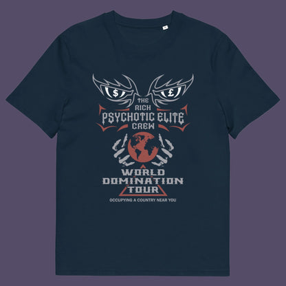 French navy t shirt. This conspiracy theory t shirt design combines a belief in an elite rich cabal with a rock band tour poster style. Show your disgust in greed and power hunger with this very satirical tour design. If the rich elite started a band this is what it would look like. Made from 100% organic ring-spun cotton, this conspiracy theorist t shirt is unisex, high-quality, super comfy, and best of all, eco-friendly.