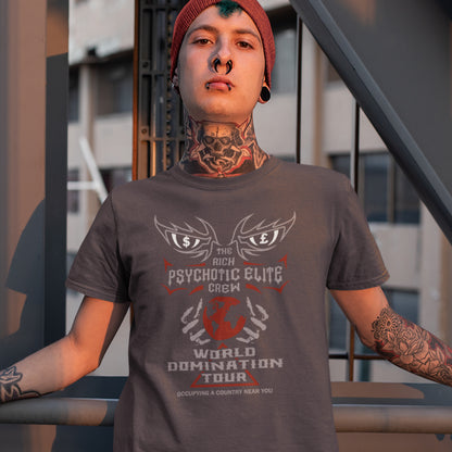 Person wearing an anthracite t-shirt with graphic design and text, standing outdoors. This conspiracy theory t shirt design combines a belief in an elite rich cabal with a rock band tour poster style. Show your disgust in greed and power hunger with this very satirical tour design. If the rich elite started a band this is what it would look like. Made from 100% organic ring-spun cotton, this conspiracy theorist t shirt is unisex, high-quality, super comfy, and best of all, eco-friendly.