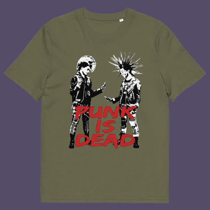 Khaki t-shirt. This controversial design questions the slogan, 'Punks not dead' by suggesting that our ever increasing reliance on mobile phones is a level of conformity and acceptance of enforced technological advancements. This is not what you expect from the free world and punks on smart phones just doesn't look right. Made from 100% organic ring-spun cotton, this counterculture t-shirt is unisex, high-quality, super comfy, and best of all, eco-friendly.