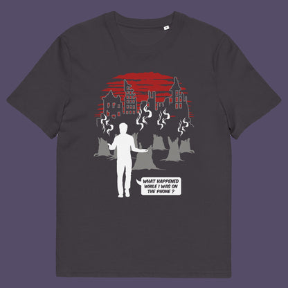 Anthracite t-shirt. This environmental concern t-shirt asks the question Is the mobile phone the ultimate distraction from the real issues going on in the World. Let's put down the phone and save the planet. Climate concern is not an app. Made from 100% organic ring-spun cotton, this social awareness &amp; environmental concern t-shirt is unisex, high-quality, super comfy, and best of all, eco-friendly.