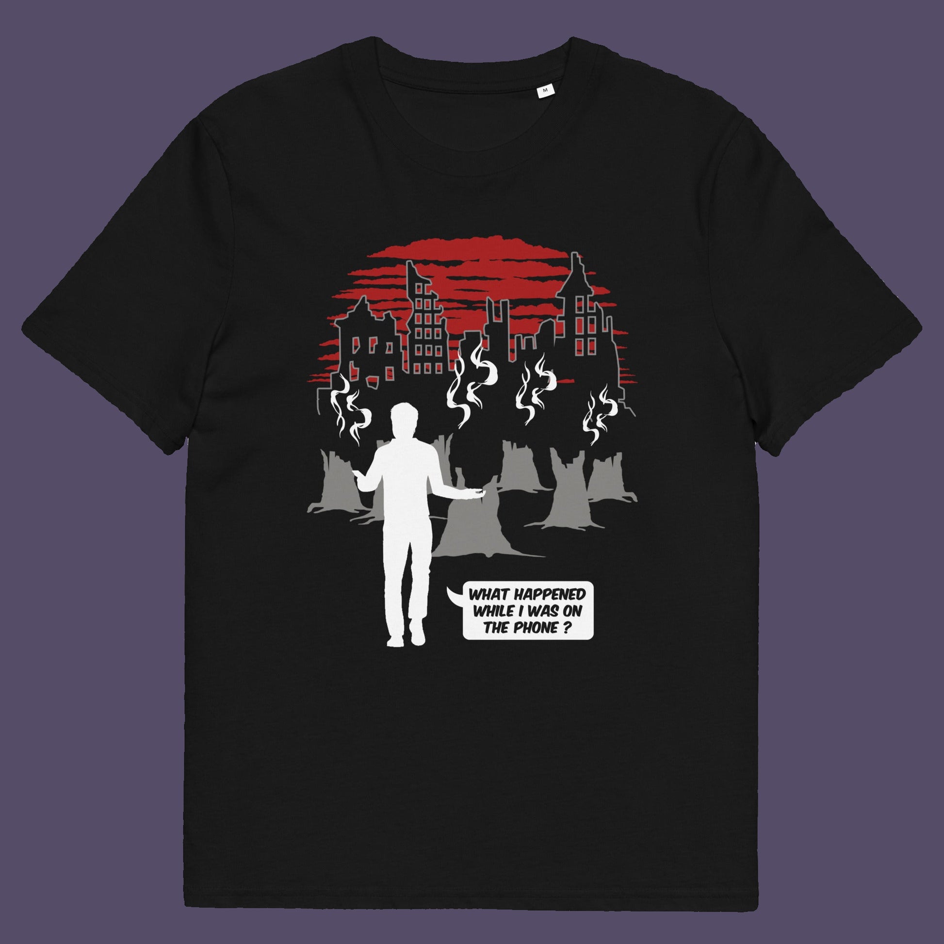 Black t-shirt. This environmental concern t-shirt asks the question Is the mobile phone the ultimate distraction from the real issues going on in the World. Let's put down the phone and save the planet. Climate concern is not an app. Made from 100% organic ring-spun cotton, this social awareness &amp; environmental concern t-shirt is unisex, high-quality, super comfy, and best of all, eco-friendly.