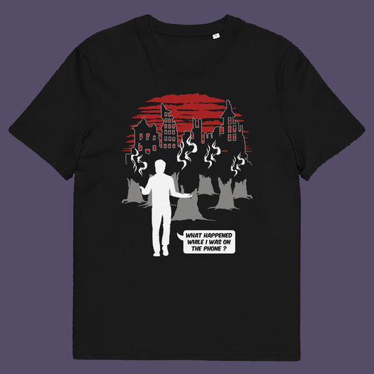 Black t-shirt. This environmental concern t-shirt asks the question Is the mobile phone the ultimate distraction from the real issues going on in the World. Let's put down the phone and save the planet. Climate concern is not an app. Made from 100% organic ring-spun cotton, this social awareness &amp; environmental concern t-shirt is unisex, high-quality, super comfy, and best of all, eco-friendly.