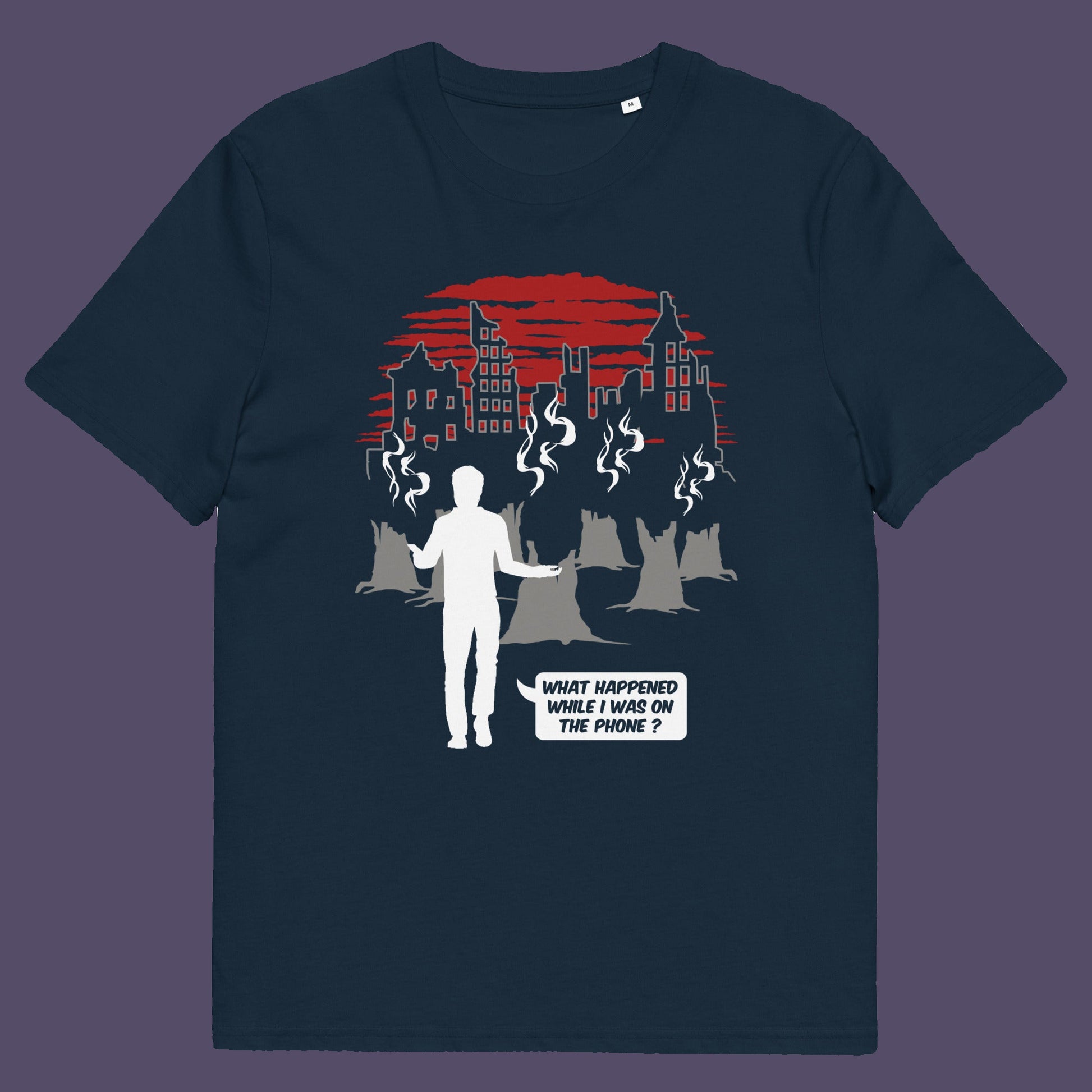 French navy t-shirt. This environmental concern t-shirt asks the question Is the mobile phone the ultimate distraction from the real issues going on in the World. Let's put down the phone and save the planet. Climate concern is not an app. Made from 100% organic ring-spun cotton, this social awareness &amp; environmental concern t-shirt is unisex, high-quality, super comfy, and best of all, eco-friendly.