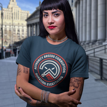 woman standing outside a court house. A question everything t shirt for everyday defiance or leading the next protest rally. Help create social awareness of the dark side of human nature, how power corrupts and authority is abused. To be worn with pride in support of a world where authority should be answerable to the people who put them there. Made from 100% organic ring-spun cotton, this broken society t shirt is unisex, high quality, super comfy, and best of all, eco-friendly.