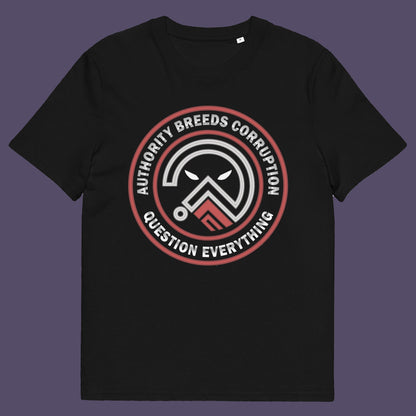 Black t shirt. A question everything t shirt for everyday defiance or leading the next protest rally. Help create social awareness of the dark side of human nature, how power corrupts and authority is abused. To be worn with pride in support of a world where authority should be answerable to the people who put them there. Made from 100% organic ring-spun cotton, this broken society t shirt is unisex, high quality, super comfy, and best of all, eco-friendly.