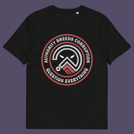 Black t shirt. A question everything t shirt for everyday defiance or leading the next protest rally. Help create social awareness of the dark side of human nature, how power corrupts and authority is abused. To be worn with pride in support of a world where authority should be answerable to the people who put them there. Made from 100% organic ring-spun cotton, this broken society t shirt is unisex, high quality, super comfy, and best of all, eco-friendly.