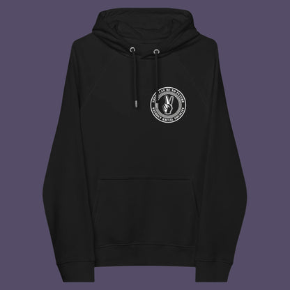 Black hoodie front. An anti-racism hoodie for Peace without prejudice There can be no future without racial equality. Comfortable and practical. It's extra soft and has a convenient front pouch pocket. Made from organic cotton and recycled polyester, this anti racism hoodie is a great eco-friendly choice.