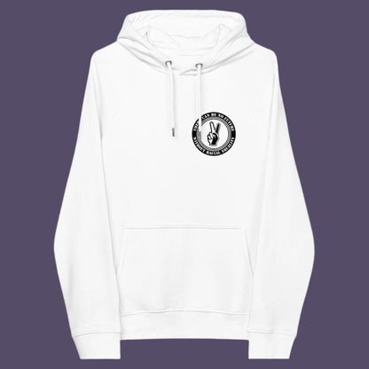 White hoodie front. An anti-racism hoodie for Peace without prejudice There can be no future without racial equality. Comfortable and practical. It's extra soft and has a convenient front pouch pocket. Made from organic cotton and recycled polyester, this anti racism hoodie is a great eco-friendly choice.