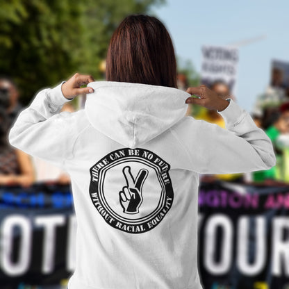 Person wearing a white hoodie with a black circular design on the back, standing in a crowd. An anti-racism hoodie for Peace without prejudice There can be no future without racial equality. Comfortable and practical. It's extra soft and has a convenient front pouch pocket. Made from organic cotton and recycled polyester, this anti racism hoodie is a great eco-friendly choice.