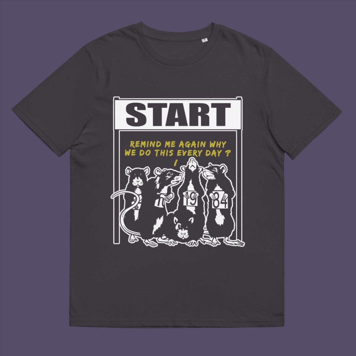 Anthracite t-shirt. This Banksy style stencil art t-shirt represents the monotony of everyday working life. A unique satirical design for those times when life starts to feel a little repetitive, unnecessary, and questionable. Made from 100% organic ring-spun cotton, this street art graffiti t-shirt is unisex, high-quality, super comfy, and best of all, eco-friendly.