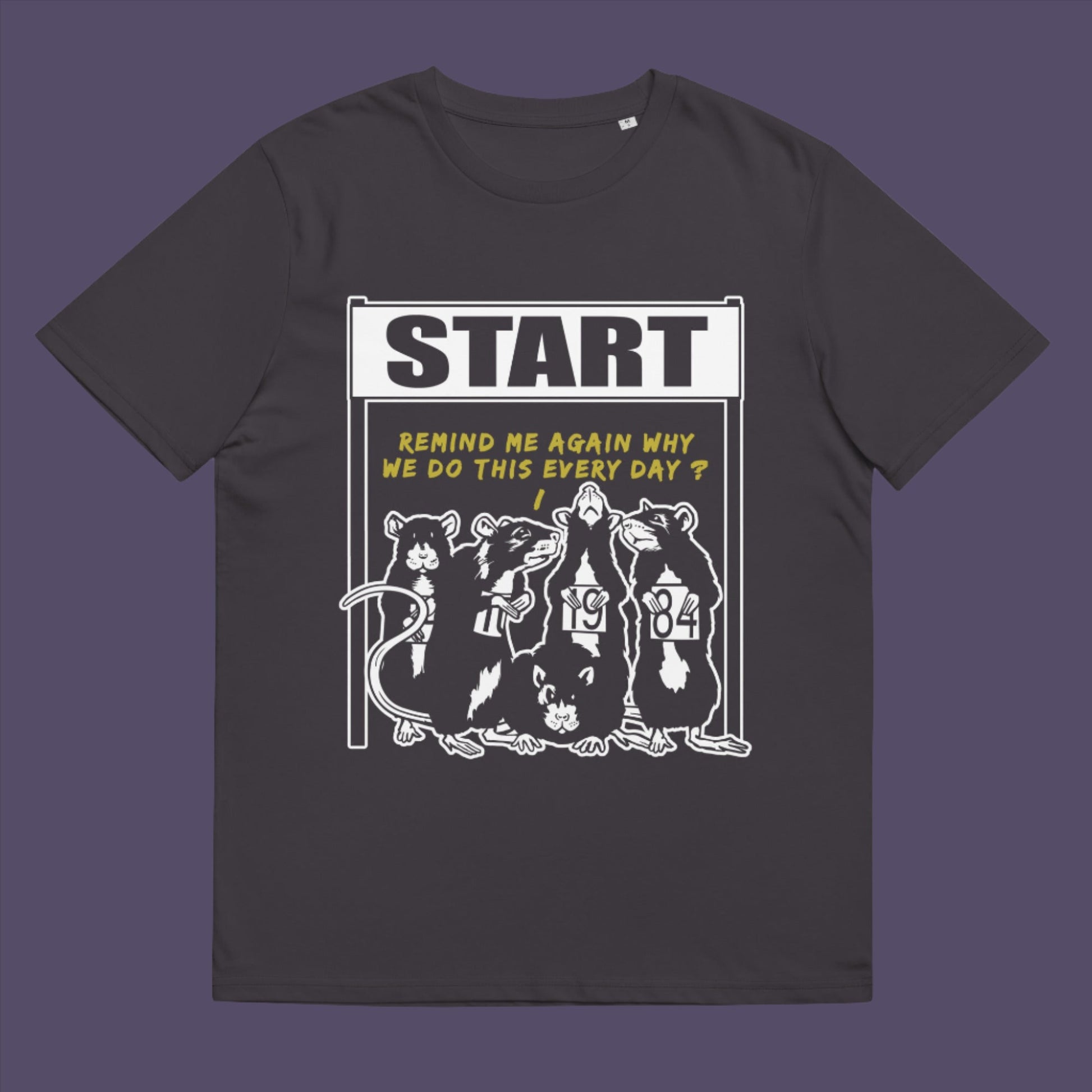 Anthracite t-shirt. This Banksy style stencil art t-shirt represents the monotony of everyday working life. A unique satirical design for those times when life starts to feel a little repetitive, unnecessary, and questionable. Made from 100% organic ring-spun cotton, this street art graffiti t-shirt is unisex, high-quality, super comfy, and best of all, eco-friendly.