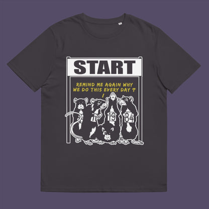 Anthracite t-shirt. This Banksy style stencil art t-shirt represents the monotony of everyday working life. A unique satirical design for those times when life starts to feel a little repetitive, unnecessary, and questionable. Made from 100% organic ring-spun cotton, this street art graffiti t-shirt is unisex, high-quality, super comfy, and best of all, eco-friendly.